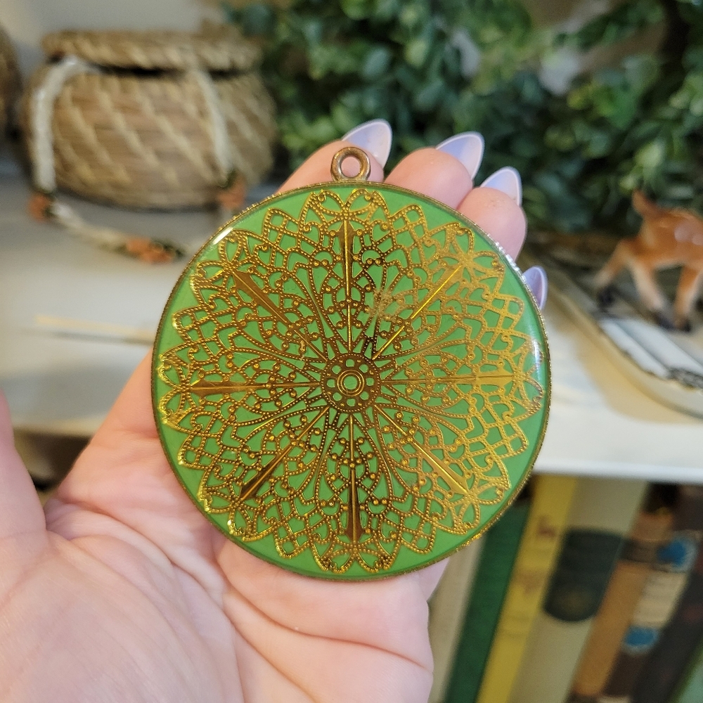 Large Green Golden Dome Mandala Pendant Medallion Vintage Estate Find  Filigree